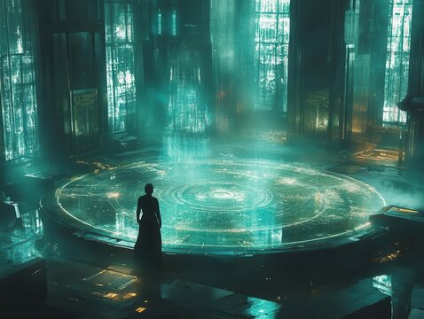 A tense arena where a gambit move shifts the tide, glowing holograms visualizing the action, cinematic shadows