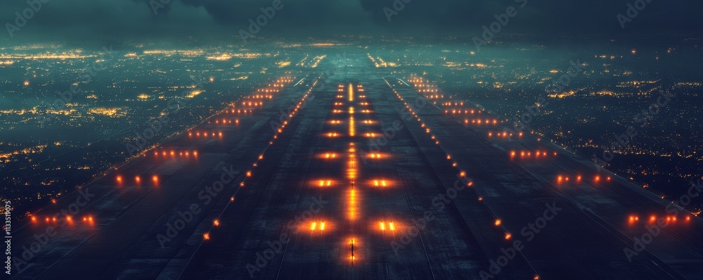 Poster travel airplane concept. aerial view of illuminated runway lights in dark setting, creating striking