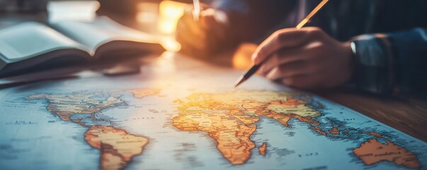Obraz premium Travel insurance strategies concept. glowing world map with interconnected lines representing travel
