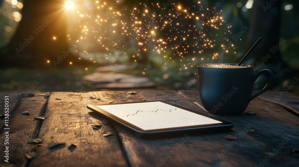 Aufkleber tablet displaying graph, coffee mug on rustic wooden table in forest setting with magical dust.