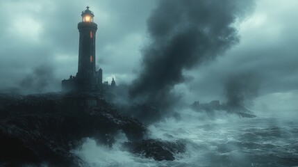 Fototapeta premium Lighthouse beaconing stormy ocean, dark clouds.