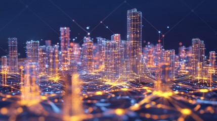 Obraz premium Quantum Cityscape: Futuristic Urban Landscape with Neon Quantum-Inspired Motifs and Particle-Shaped Buildings under Night Sky - Photorealistic Ultra-Detailed Concept Artwork