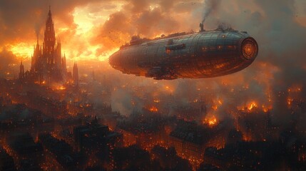 Burning city, steampunk airship, fiery sky.