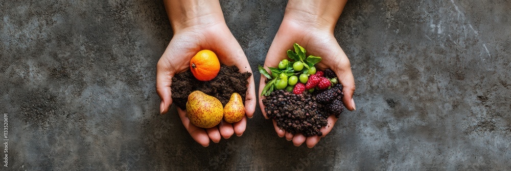 Poster hands cradle a mix of fresh fruits and rich soil, highlighting the connection between nature and nur