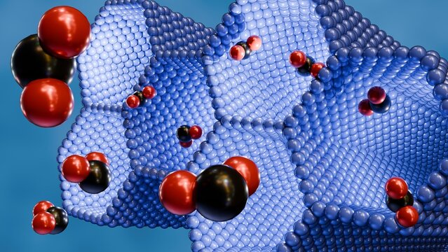 A 3d rendering of structure metal-organic framework of Mg-MOF-74 with CO2 molecules and a cylindrical pore structure that allows for strong binding and large uptake of CO2