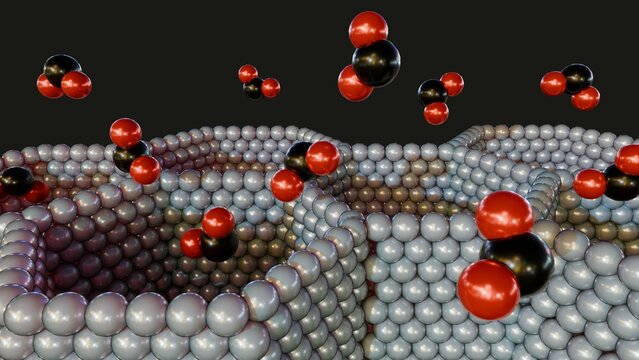 A 3d rendering of structure metal-organic framework of Mg-MOF-74 with CO2 molecules and a cylindrical pore structure that allows for strong binding and large uptake of CO2