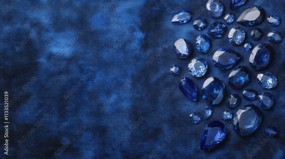Aufkleber sapphires and various gemstones lay scattered on a deep blue fabric, highlighting their stunning col