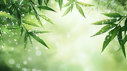 Obraz premium Close up of bamboo leaves with morning dew, set against an isolated misty forest background