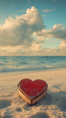 Fototapeta premium Red heart outline sunny sandy beach picture
