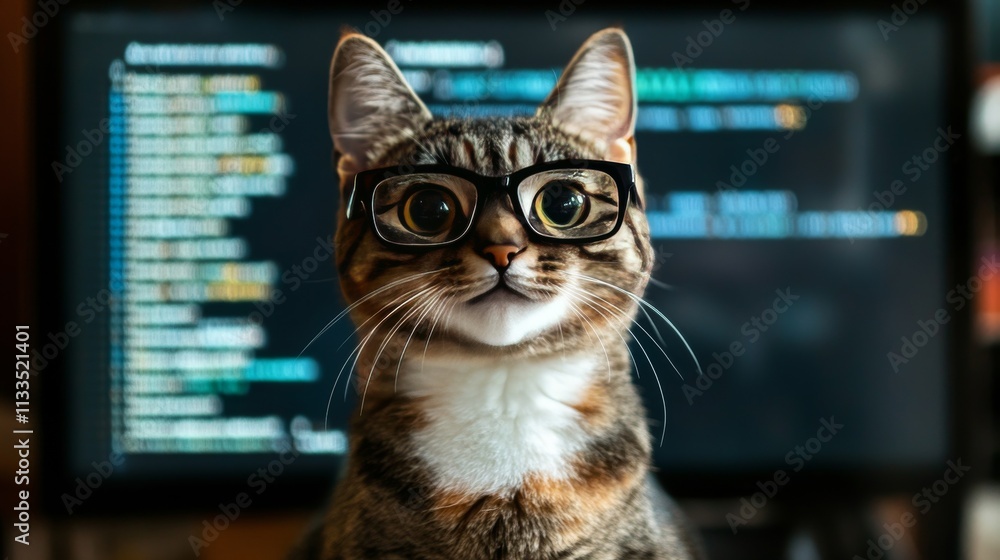 Poster a tabby cat sporting black-rimmed glasses gazes at the camera with a computer monitor filled with co