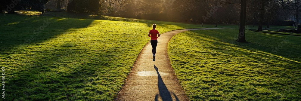 Aufkleber a solitary runner makes their way along a picturesque path in a green park, illuminated by soft morn