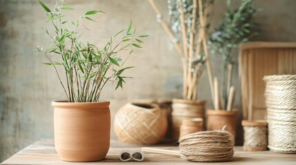 Obraz premium Rustic setup with a bamboo plant in a handmade terracotta pot, surrounded by dried leaves and natural twine