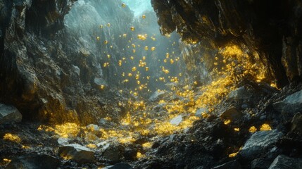 Obraz premium Deep within a mystical cave, shimmering golden crystals sparkle against rocky surfaces.