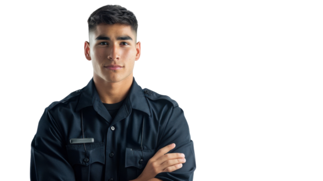 A police officer mexican young man on white background