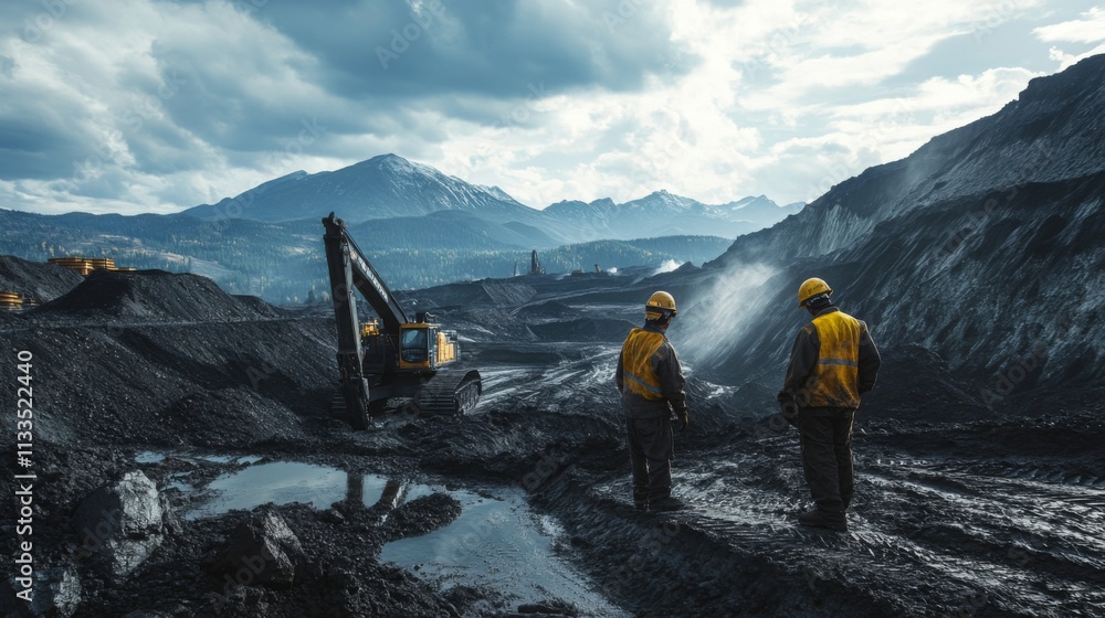 Poster two workers observe advanced machinery extracting gemstones in a mountainous area under a dramatic s