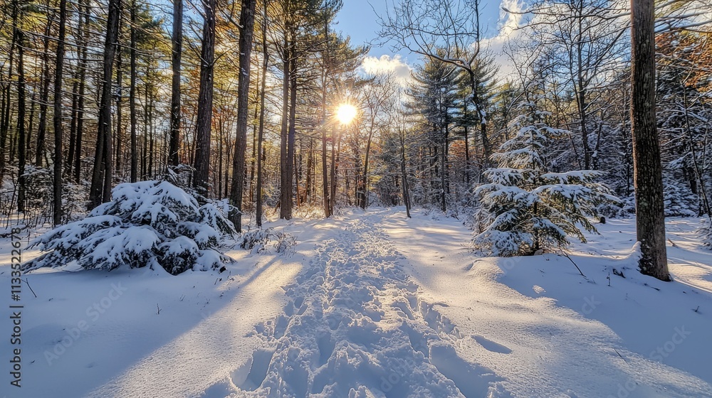 Poster gentle sunlight filters through towering pines in a tranquil snowy forest. soft, white snow blankets