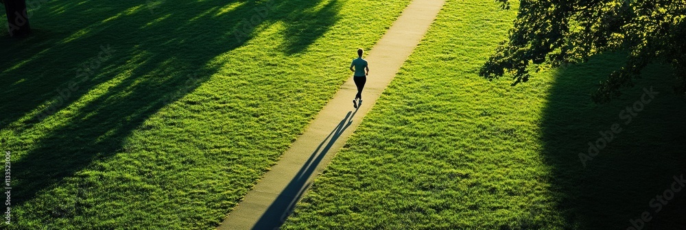 Aufkleber a solitary runner jogs along a winding path surrounded by lush green grass in a tranquil park settin