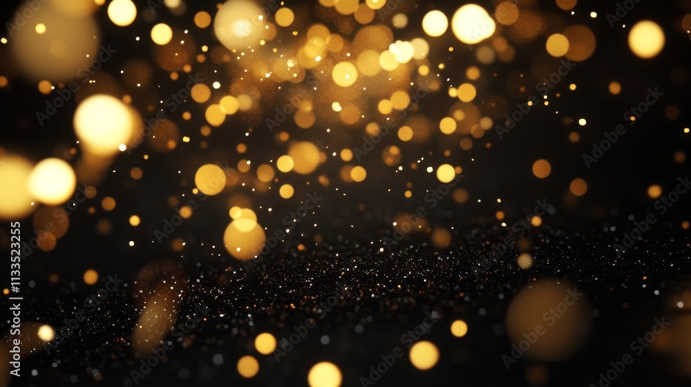 Poster an artistic display of shimmering golden bokeh lights set against a dark background. this image evok
