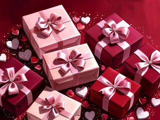 hearts and gift boxes on a red background