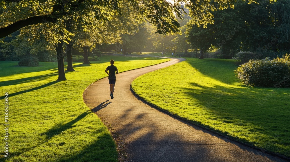 Aufkleber a lone runner navigates a winding path in a lush green park, illuminated by the warm, soft light of 