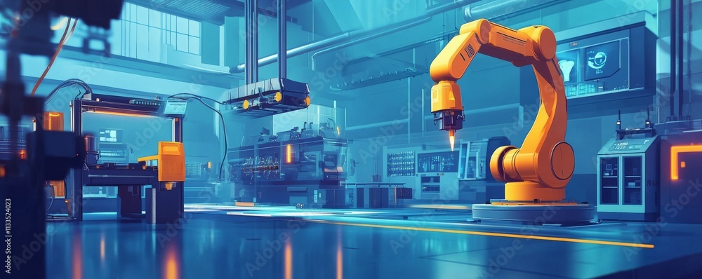 Poster wideangle view of a smart factory with robotic arms working seamlessly on a production line, automat