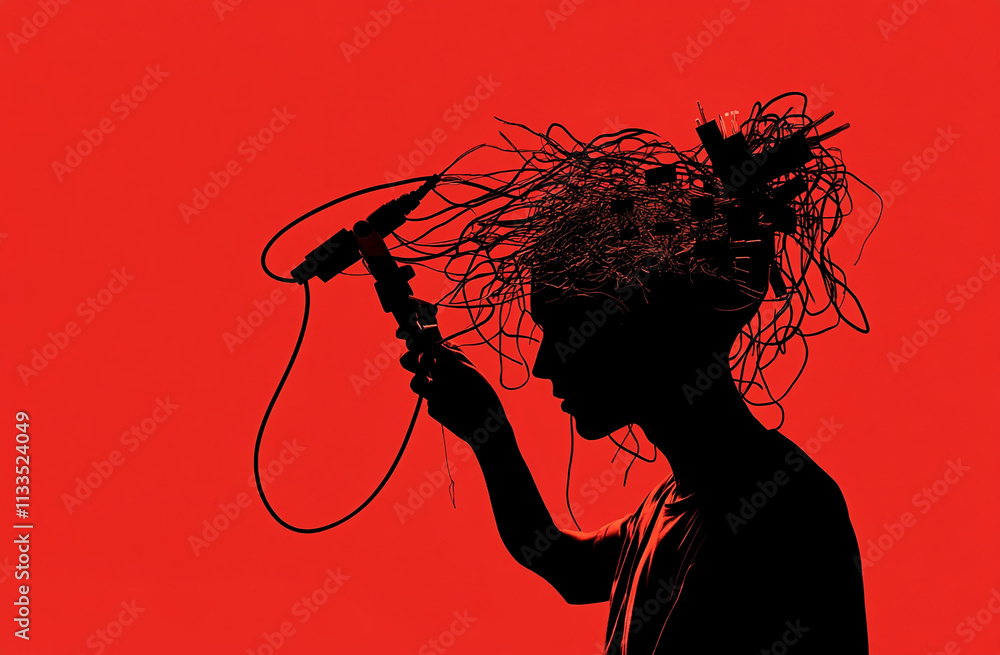 Poster creative expression of chaos with a silhouette holding tangled wires against a vivid red background