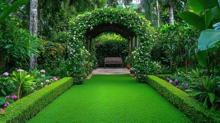 Lush green garden path leads to tranquil bench under floral archway.
