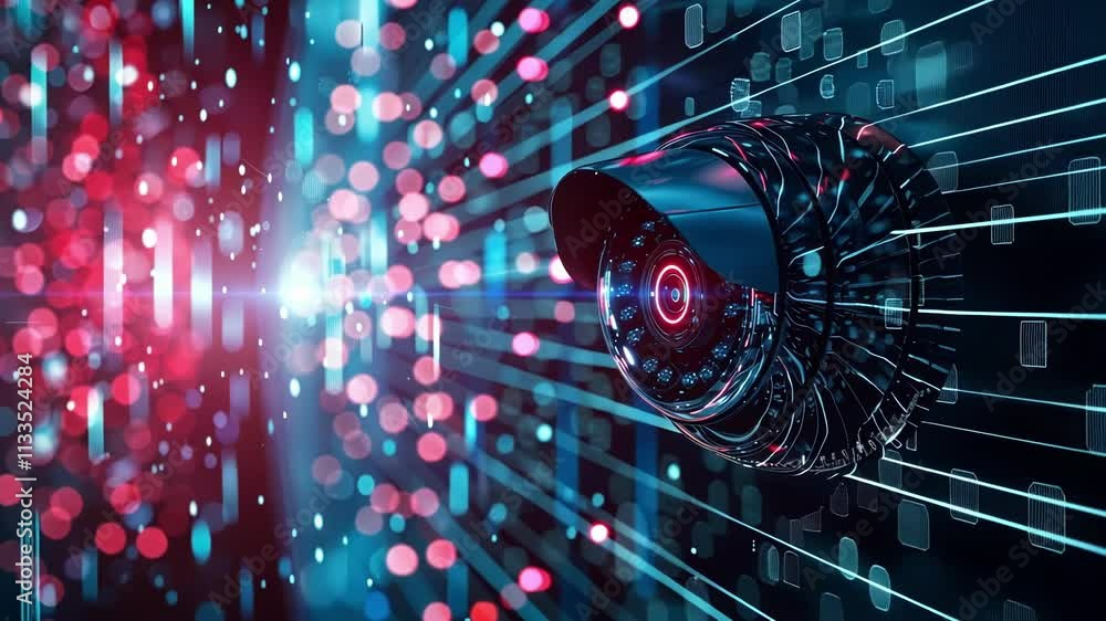 Poster futuristic security camera is processing data streams, enhancing digital surveillance and security i