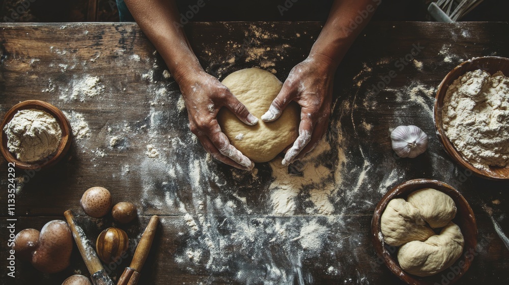 Poster a close-up view of hands kneading dough on a flour-covered rustic wooden table. the scene captures t