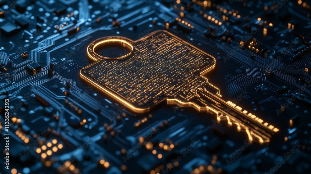 Poster illuminated digital key symbolising access and unlocking opportunities in technology