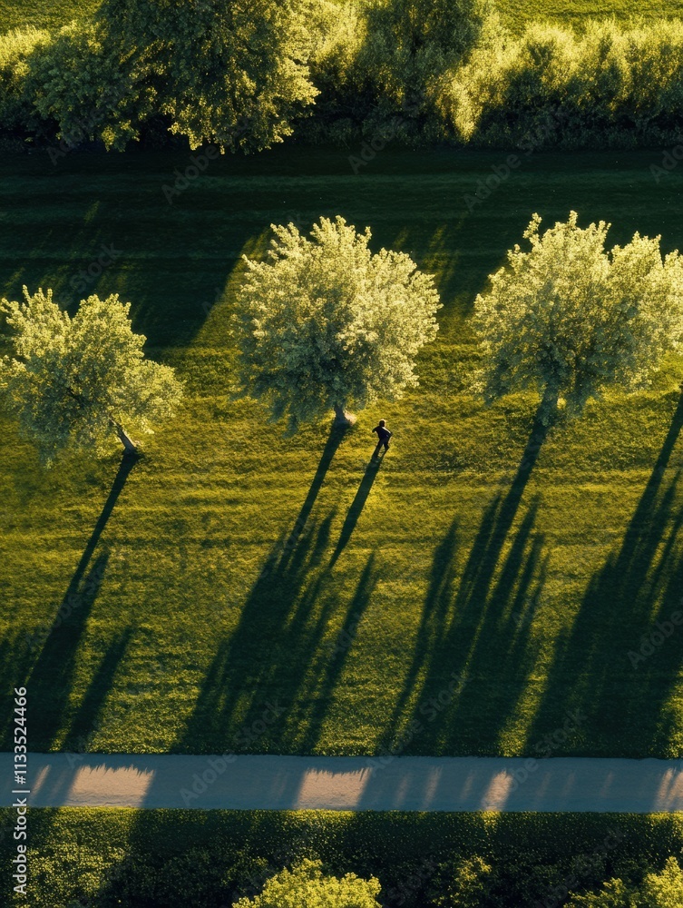 Aufkleber a runner enjoys a peaceful jog along a winding path in a vibrant green park as golden sunlight casts