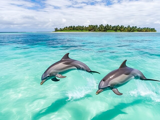 Playful dolphins leaping joyfully above clear turquoise waters with a tropical island backdrop