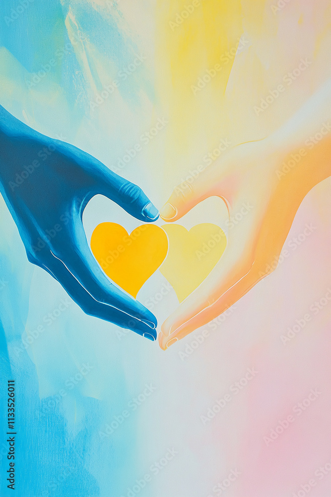 Poster Hands forming a heart shape with contrasting colors depicting unity and affection in a creative art design