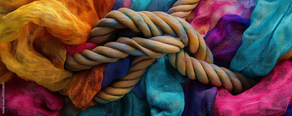 Poster abstract artistic rendering of rope intertwined with colorful fabric, blending textures and patterns