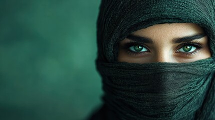 Naklejka premium A striking image of a person's green eyes peering through a dark green head wrap, conveying mystery and intensity against a lush green background backdrop.