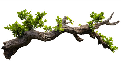 A branch of an old tree with green leaves on a white background cutout as a PNG file