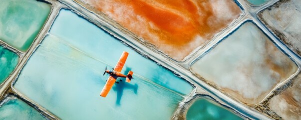 Abstract bird's eye view of salt extraction and small plane