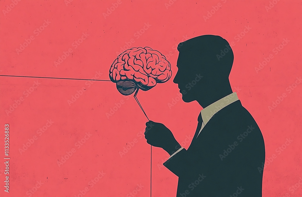 Poster man analyzing mind concepts against a bright background in a creative illustration showcasing cognit