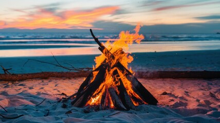 Fototapeta premium Bonfire on Sandy Beach at Sunset with Ocean and Sky Backdrop