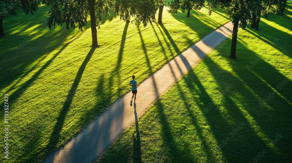 Aufkleber a lone runner jogs on a path through a lush green park, surrounded by tall trees as long shadows str