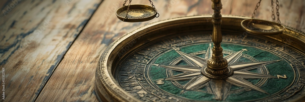 Poster an ethical compass prominently features a balance scale, symbolizing the pursuit of fairness and tra