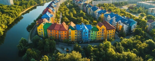 Obraz premium Aerial view of a residential complex with rainbow houses on the left bank of Kyiv