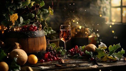 Rustic table with wine, fruit, and candlelight ambiance