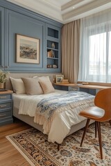 Obraz premium Serene bedroom with built-in shelves, desk, and patterned rug.