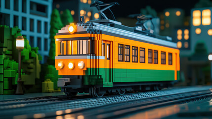 Fototapeta premium vibrant 3D model of vintage tram in urban setting, showcasing intricate details and bright colors, perfect for enthusiasts