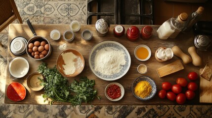 A cozy and inviting kitchen scene featuring a rustic wooden table laid with fresh cooking ingredients such as flour, eggs, tomatoes, spices, and herbs. The warm tones and natural lighting evoke a