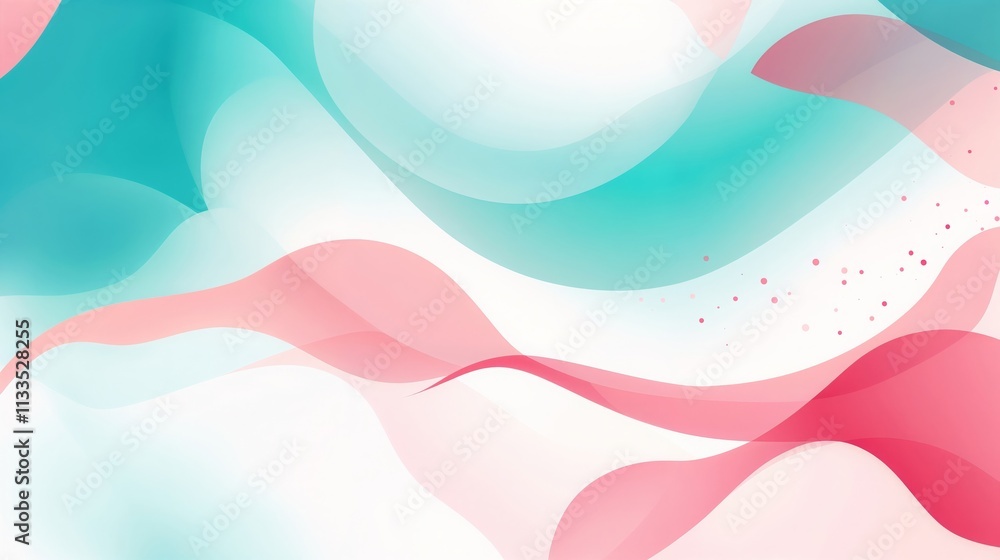 Poster abstract background with smooth wavy lines in turquoise and pink with small pink dots.serenity. soft