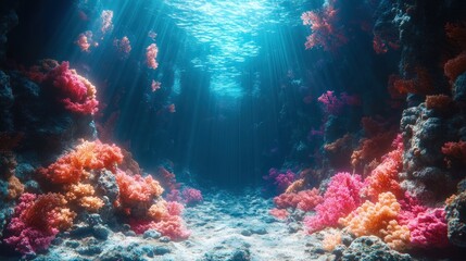Obraz premium Sunbeams illuminate vibrant coral reef underwater.