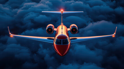 Fototapeta premium Futuristic airplane flying through clouds, illuminated by lights, showcasing advanced design and technology