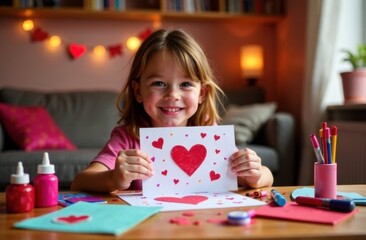 Fototapeta premium Adorable child creating a colorful handmade Valentine's card with craft supplies, smiling in a cozy home filled with festive decorations